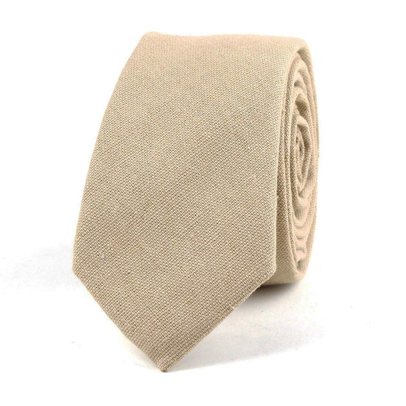 Elfeves Men's Summer Cotton Tie in Beige Trendy Stylish Wedding Necktie for Bridal Party - Image 2
